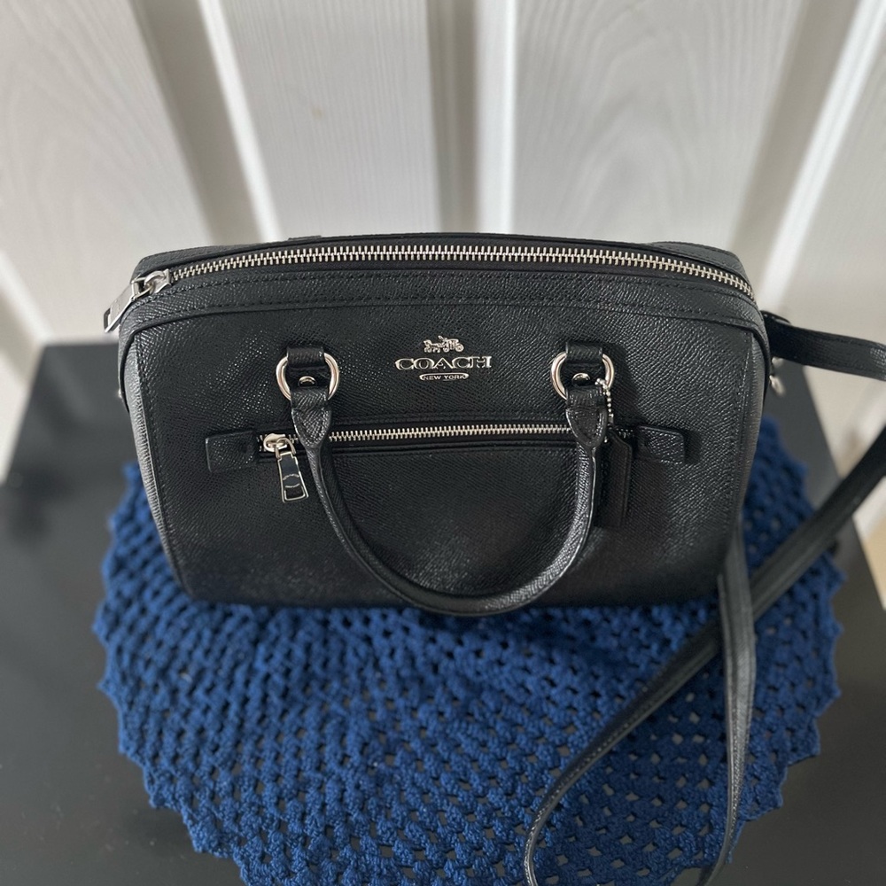 Coach Med Rowan Black Leather Satchel with Silver Accents